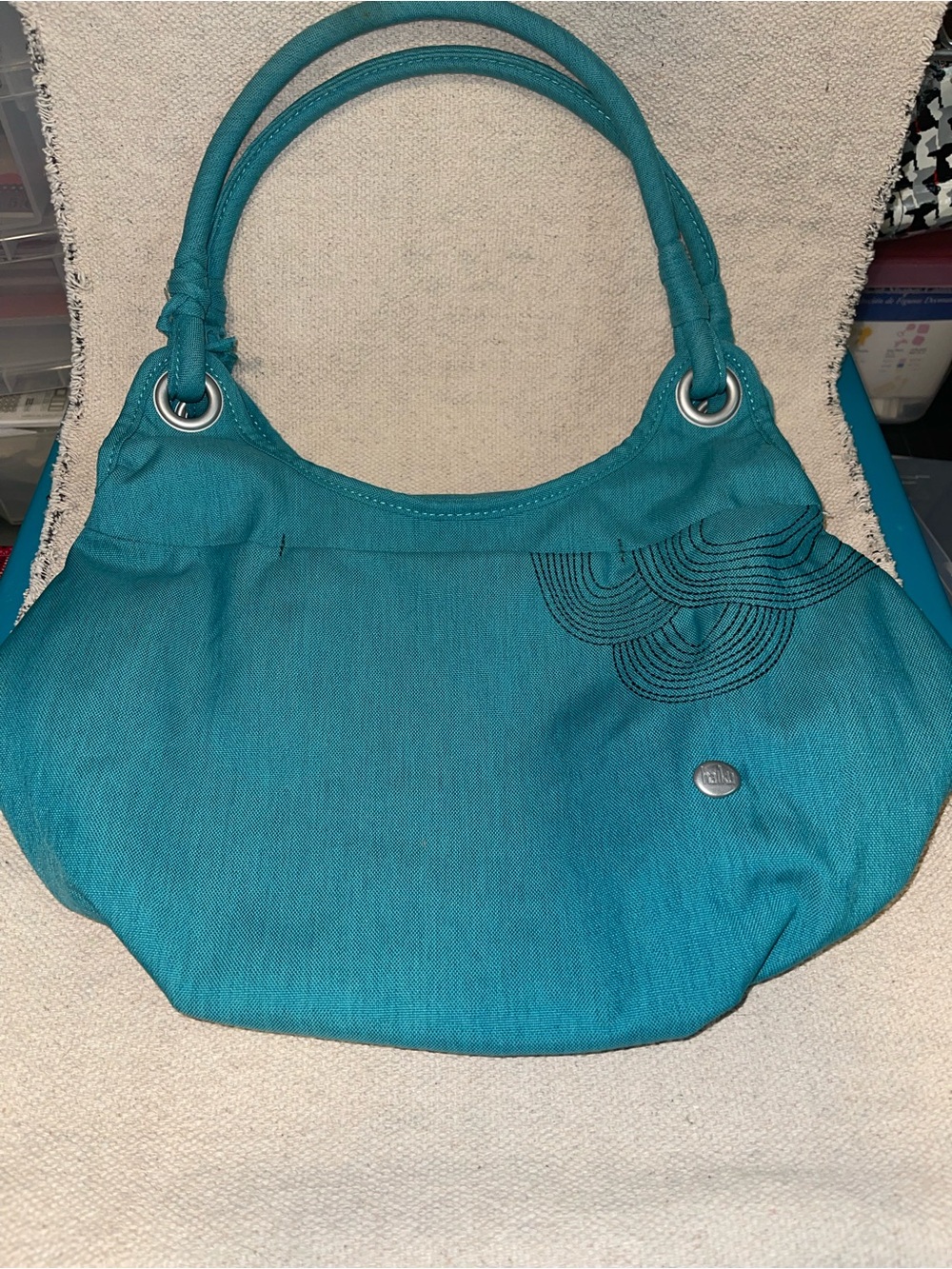 Haiku stroll bucket shoulder bag vegan fabric - teal- blue color
